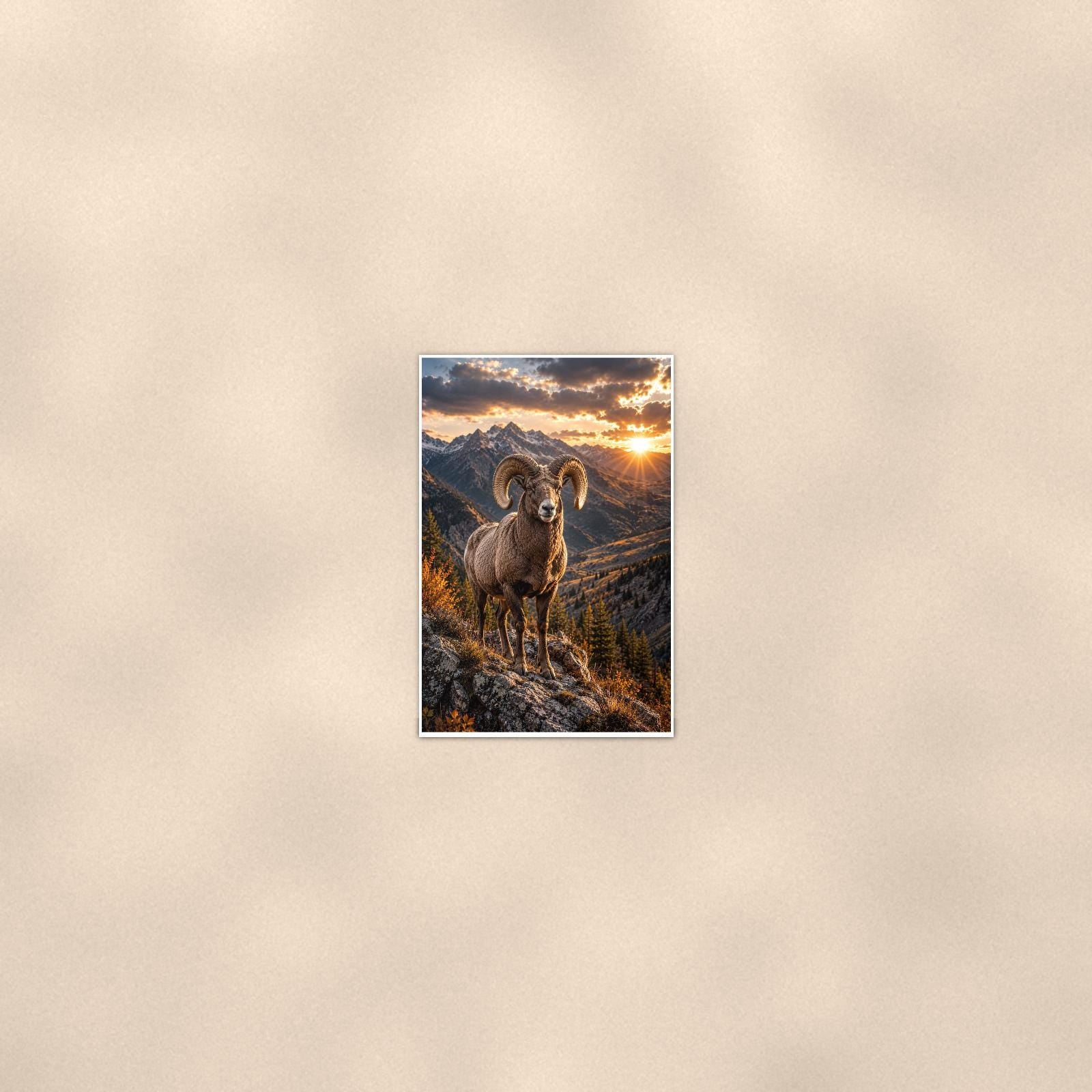 Bighorn Sunset — 24x36 in art print poster, premium luster paper with a white border; poster seen from further back, at true 24x36 in scale on a warm wall.