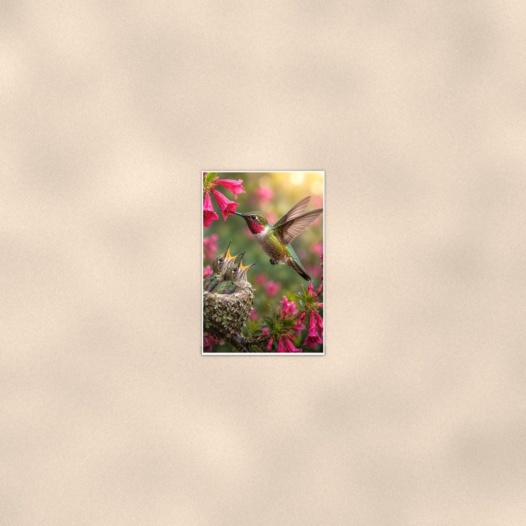 Hummingbird Nest — 24x36 in art print poster, premium luster paper with a white border; poster seen from further back, at true 24x36 in scale on a warm wall.