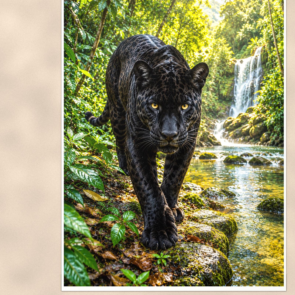 Black Panther Jungle — 24x36 in art print poster, premium luster paper with a white border; close-up framed on the main subject of the artwork, paper surface visible.