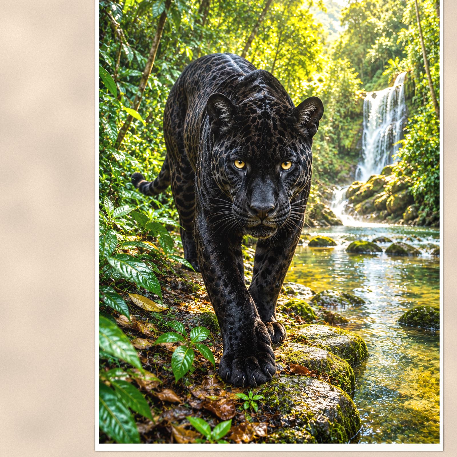 Black Panther Jungle — 24x36 in art print poster, premium luster paper with a white border; close-up framed on the main subject of the artwork, paper surface visible.