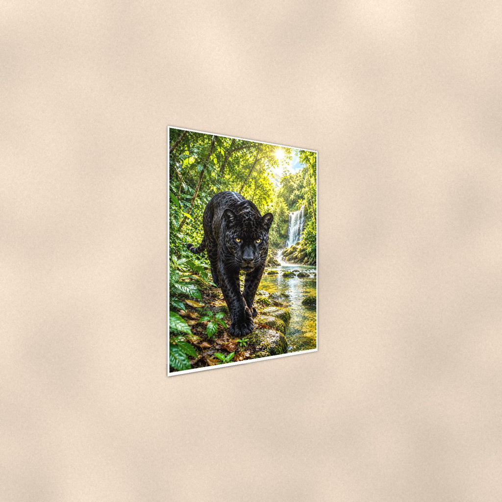 Black Panther Jungle — 24x36 in art print poster, premium luster paper with a white border; steeper three-quarter angle on a warm wall, catching the luster sheen.