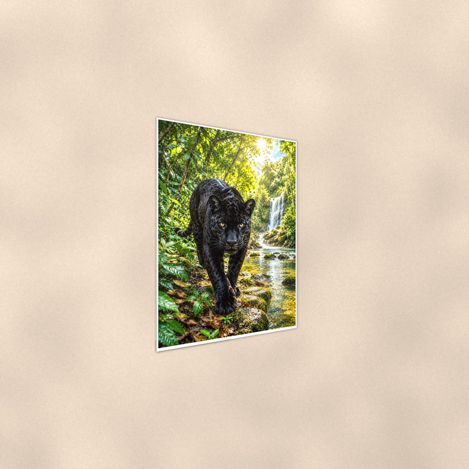 Black Panther Jungle — 24x36 in art print poster, premium luster paper with a white border; steeper three-quarter angle on a warm wall, catching the luster sheen.