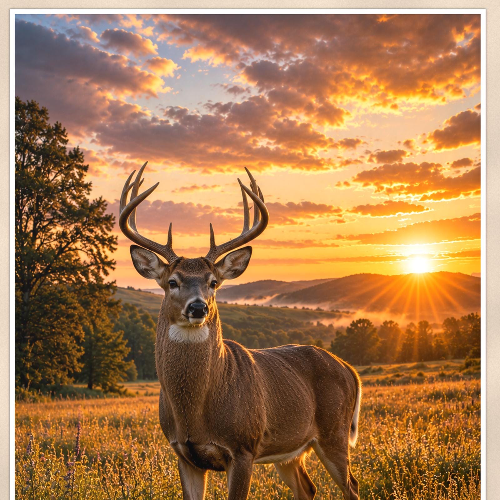 Meadow Buck — 24x36 in art print poster, premium luster paper with a white border; close-up framed on the main subject of the artwork, paper surface visible.