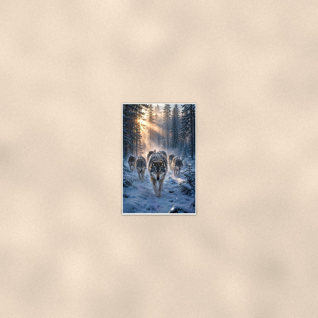 Wolf Pack Winter — 24x36 in art print poster, premium luster paper with a white border; poster seen from further back, at true 24x36 in scale on a warm wall.