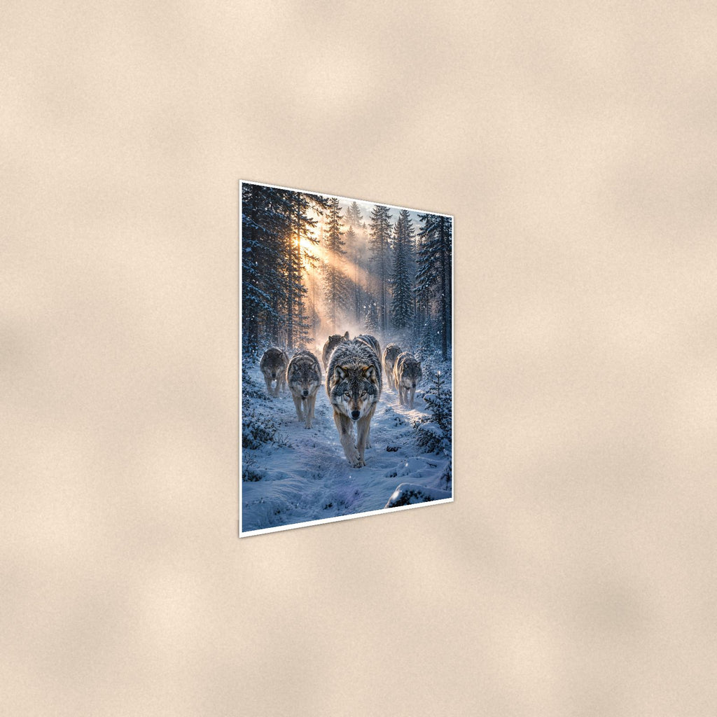 Wolf Pack Winter — 24x36 in art print poster, premium luster paper with a white border; steeper three-quarter angle on a warm wall, catching the luster sheen.