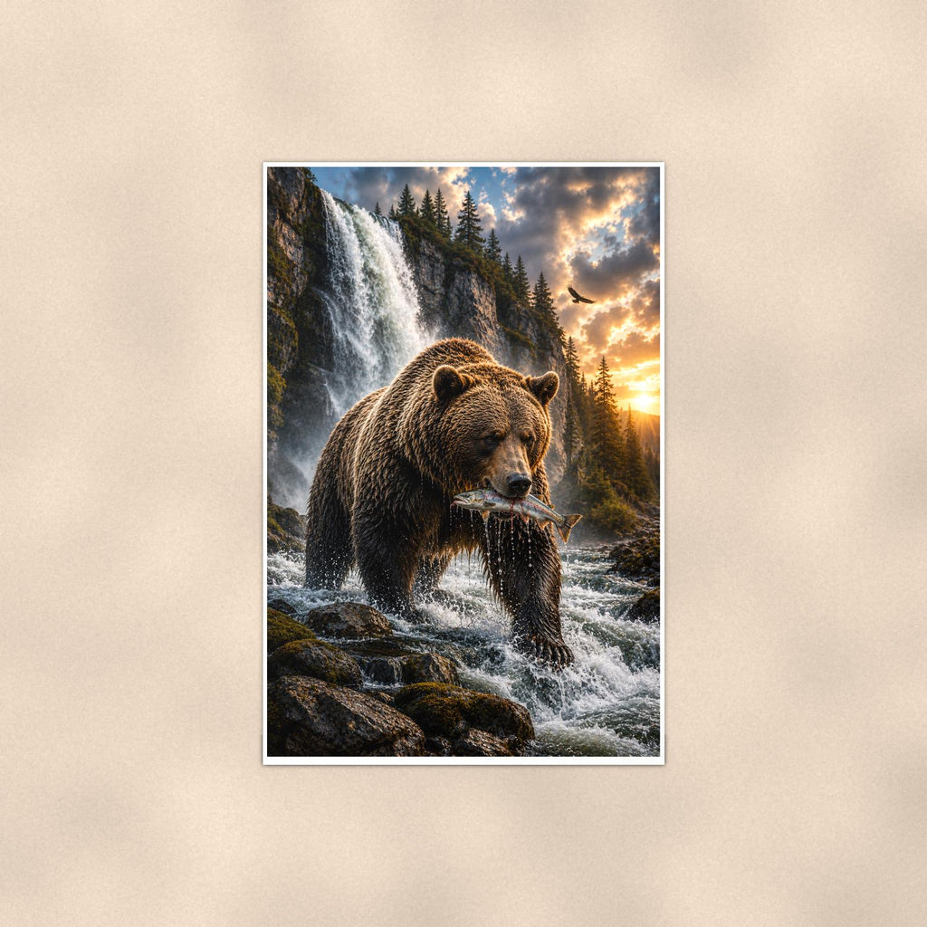 Salmon Run Grizzly — 24x36 in art print poster, premium luster paper with a white border; poster shown straight on against a warm wall.
