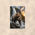 Salmon Run Grizzly — 24x36 in art print poster, premium luster paper with a white border; poster shown straight on against a warm wall.