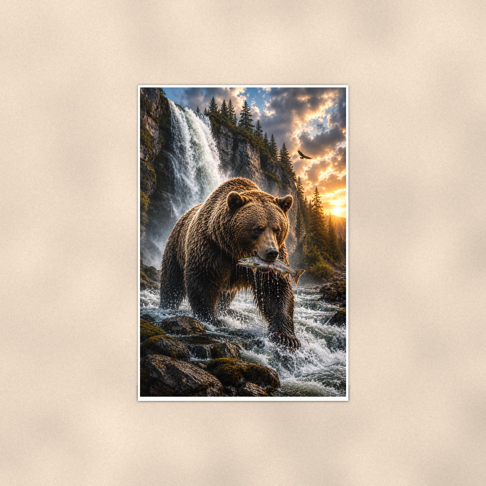 Salmon Run Grizzly — 24x36 in art print poster, premium luster paper with a white border; poster shown straight on against a warm wall.