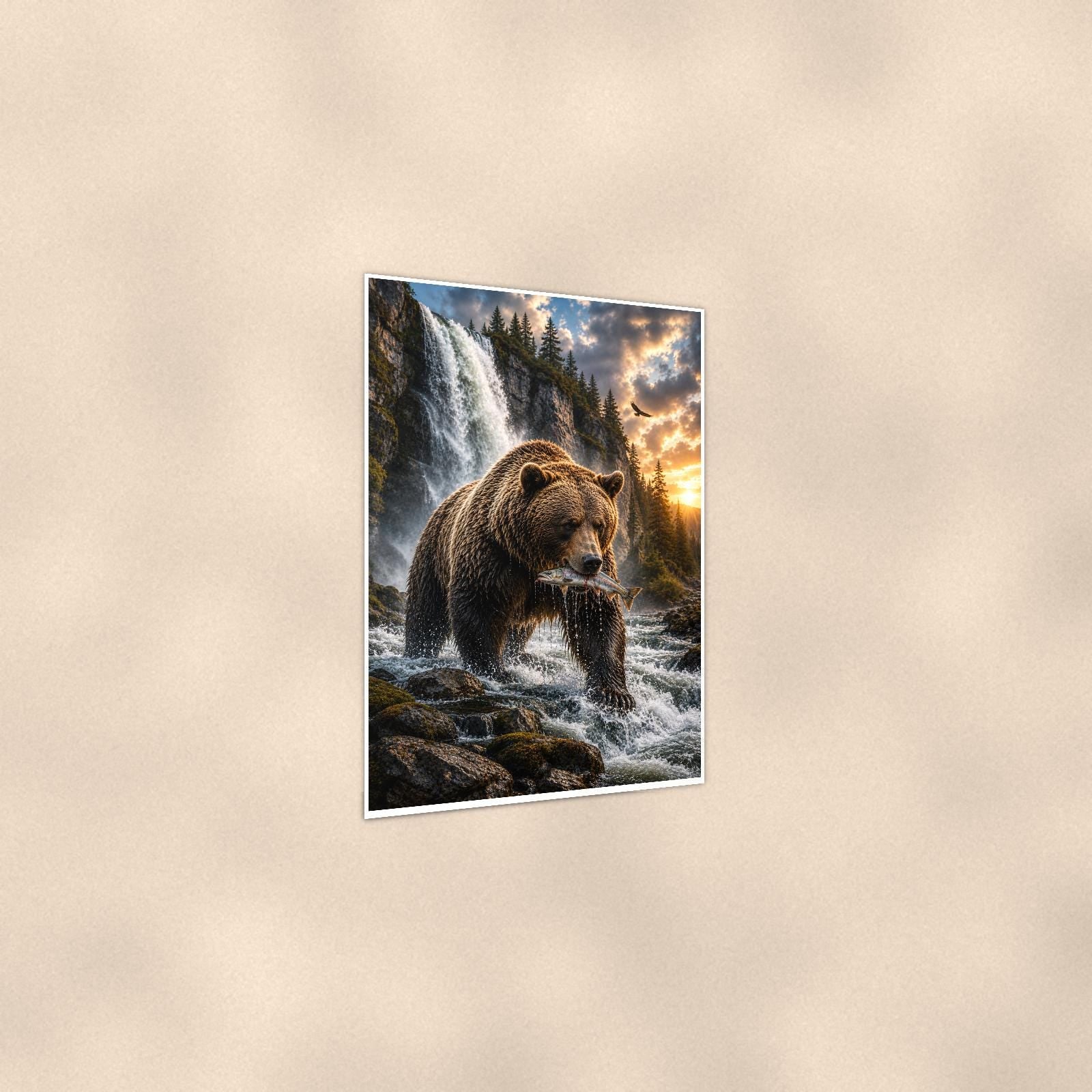 Salmon Run Grizzly — 24x36 in art print poster, premium luster paper with a white border; gentle three-quarter angle on a warm wall, showing the flat paper edge.