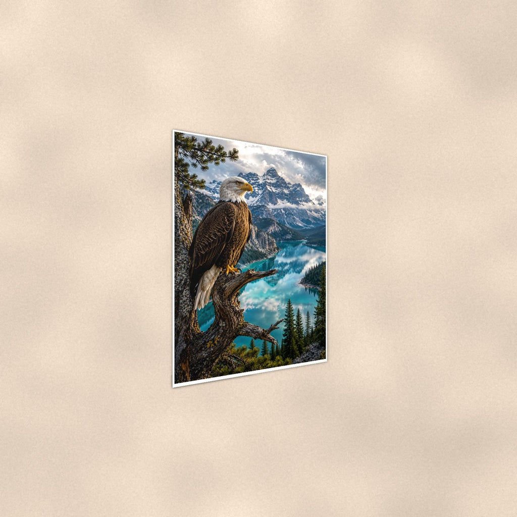 Bald Eagle Lake Overlook — 24x36 in art print poster, premium luster paper with a white border; steeper three-quarter angle on a warm wall, catching the luster sheen.