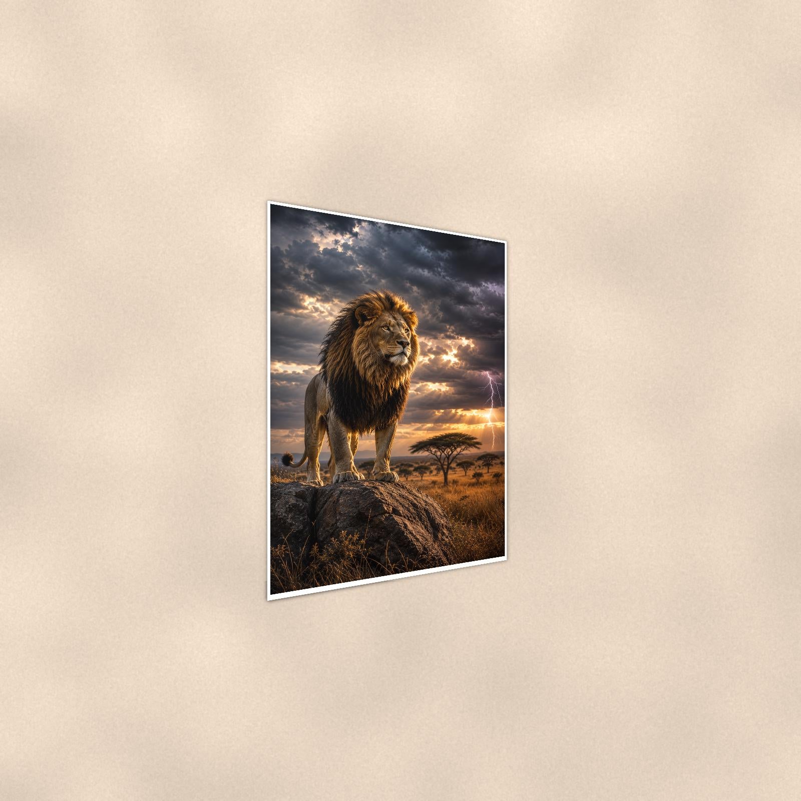 Storm Lion — 24x36 in art print poster, premium luster paper with a white border; steeper three-quarter angle on a warm wall, catching the luster sheen.