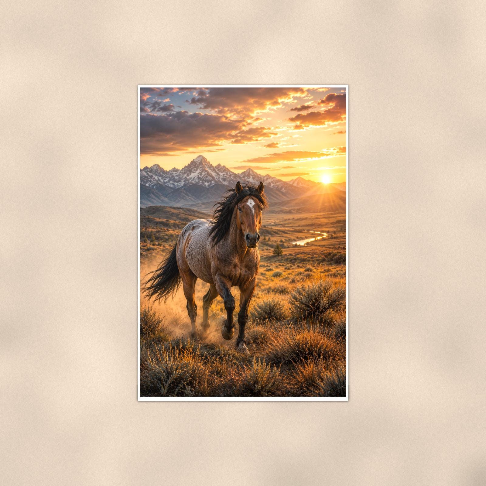 Sunset Stallion — 24x36 in art print poster, premium luster paper with a white border; poster shown straight on against a warm wall.