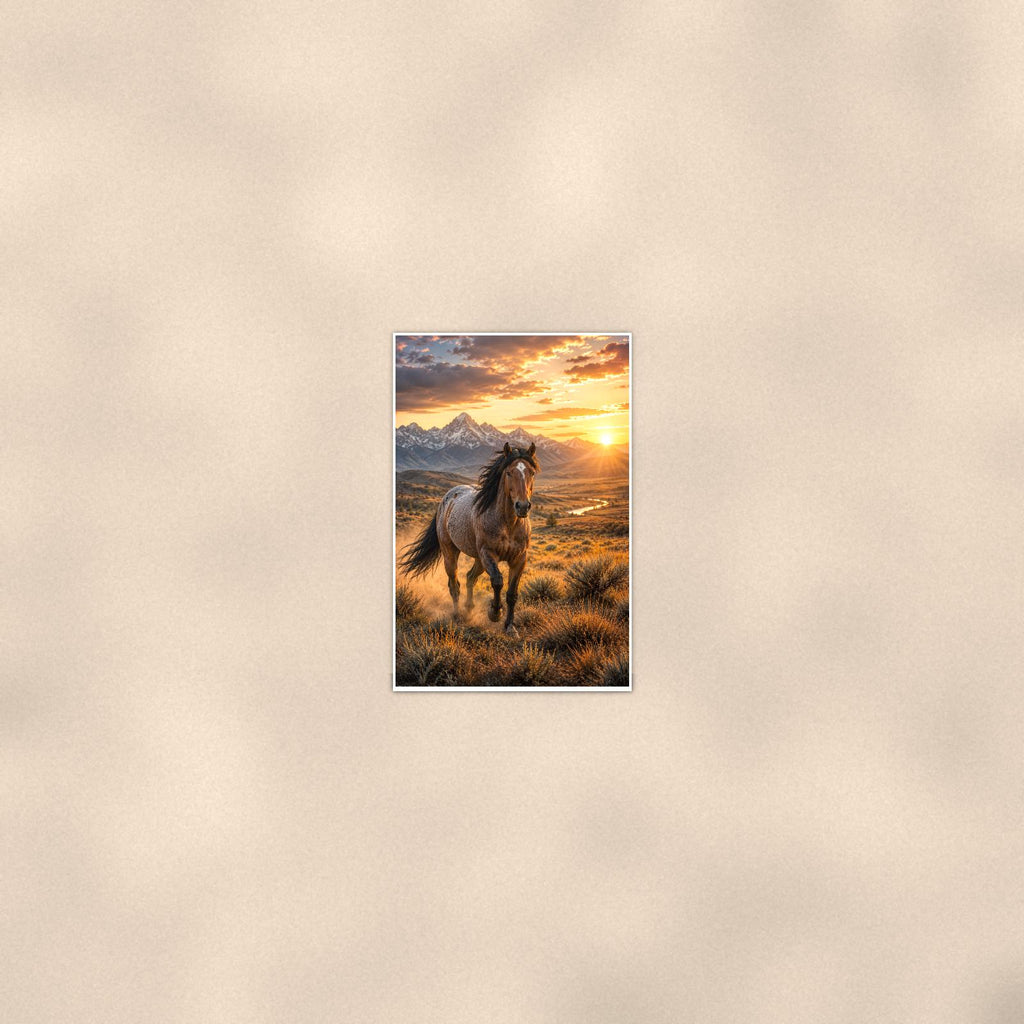 Sunset Stallion — 24x36 in art print poster, premium luster paper with a white border; poster seen from further back, at true 24x36 in scale on a warm wall.