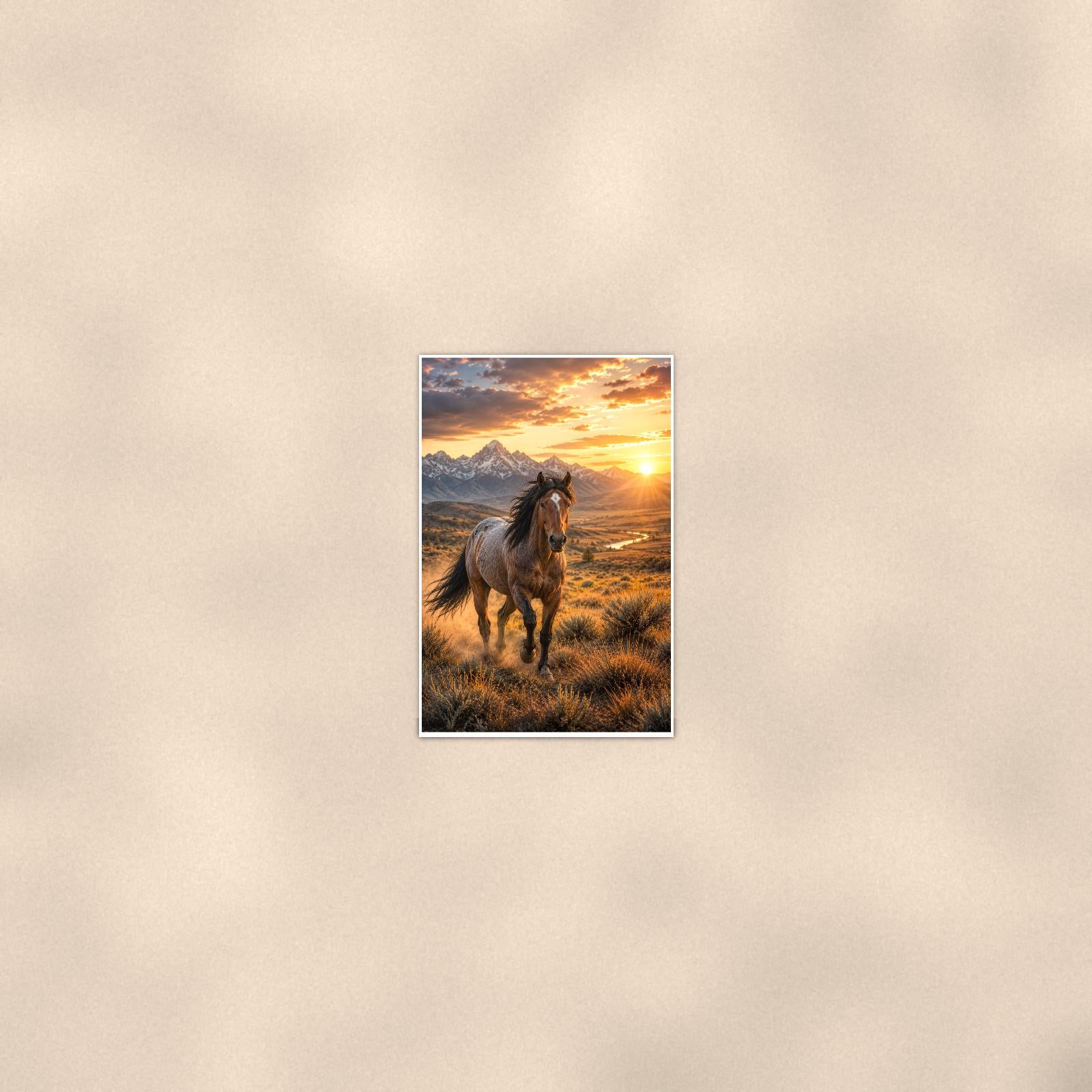 Sunset Stallion — 24x36 in art print poster, premium luster paper with a white border; poster seen from further back, at true 24x36 in scale on a warm wall.