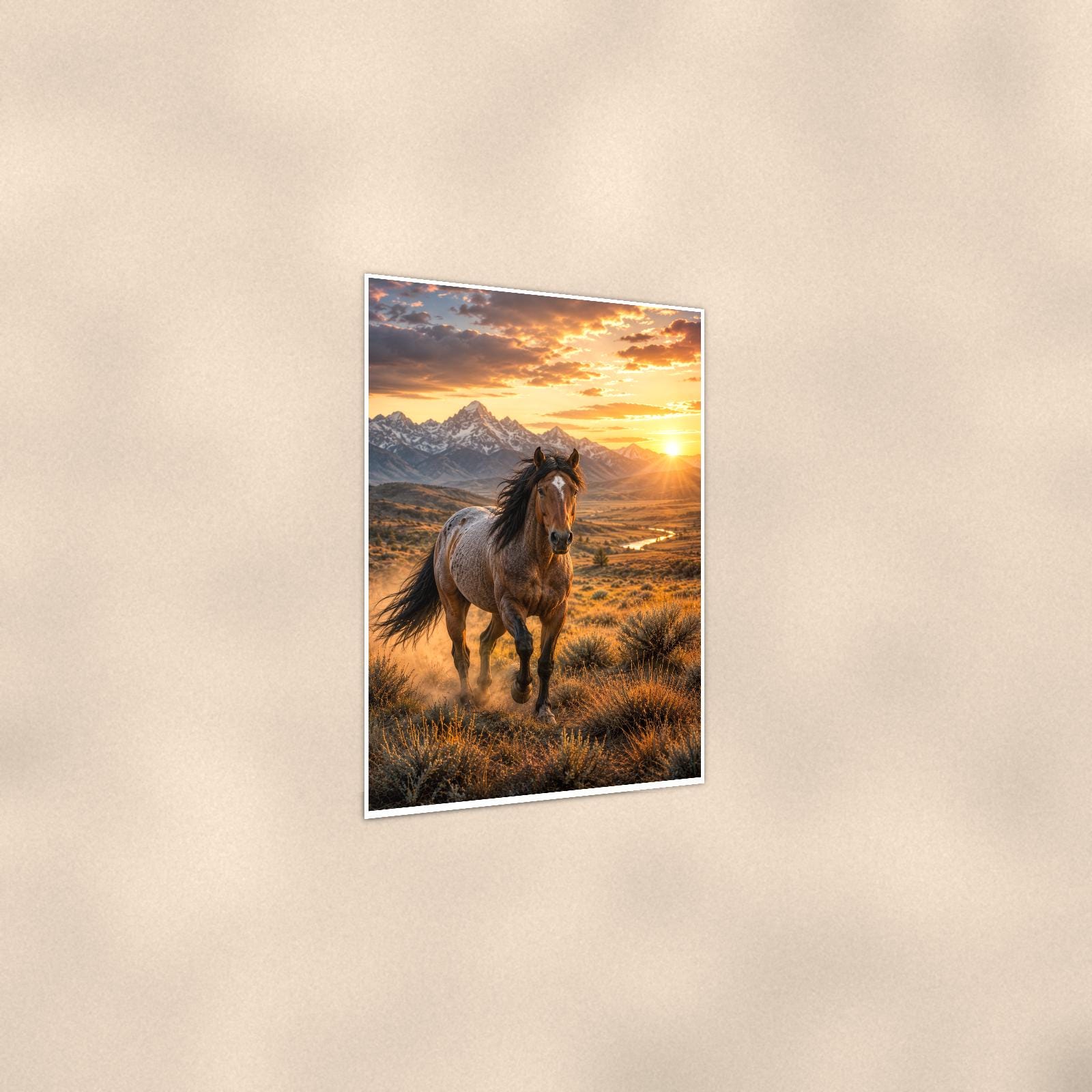 Sunset Stallion — 24x36 in art print poster, premium luster paper with a white border; gentle three-quarter angle on a warm wall, showing the flat paper edge.