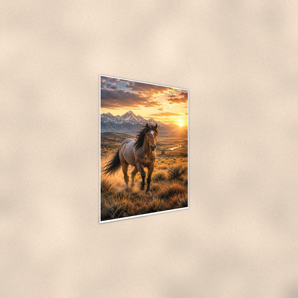 Sunset Stallion — 24x36 in art print poster, premium luster paper with a white border; steeper three-quarter angle on a warm wall, catching the luster sheen.