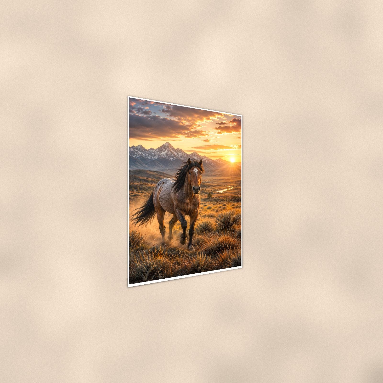 Sunset Stallion — 24x36 in art print poster, premium luster paper with a white border; steeper three-quarter angle on a warm wall, catching the luster sheen.