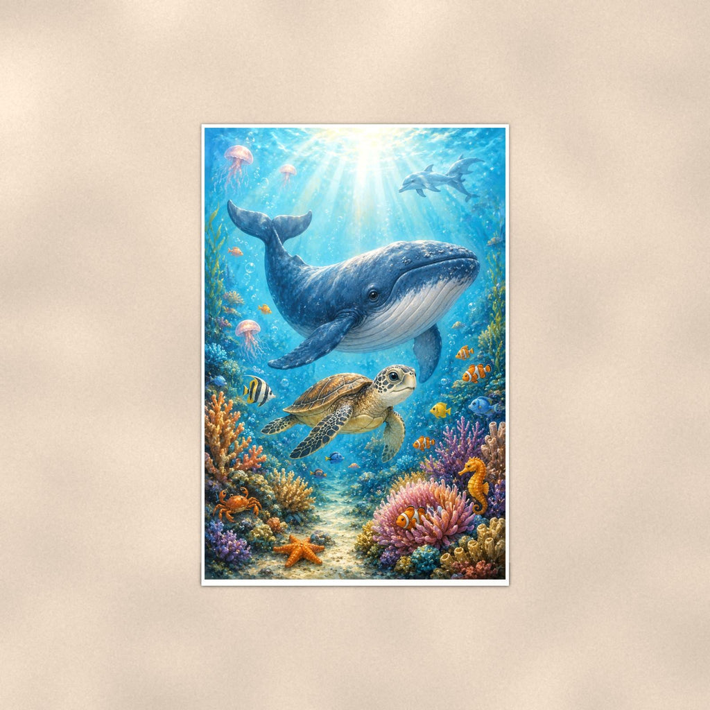 Humpback Whale and Sea Turtle — 24x36 in art print poster, premium luster paper with a white border; poster shown straight on against a warm wall.