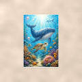 Humpback Whale and Sea Turtle — 24x36 in art print poster, premium luster paper with a white border; poster shown straight on against a warm wall.