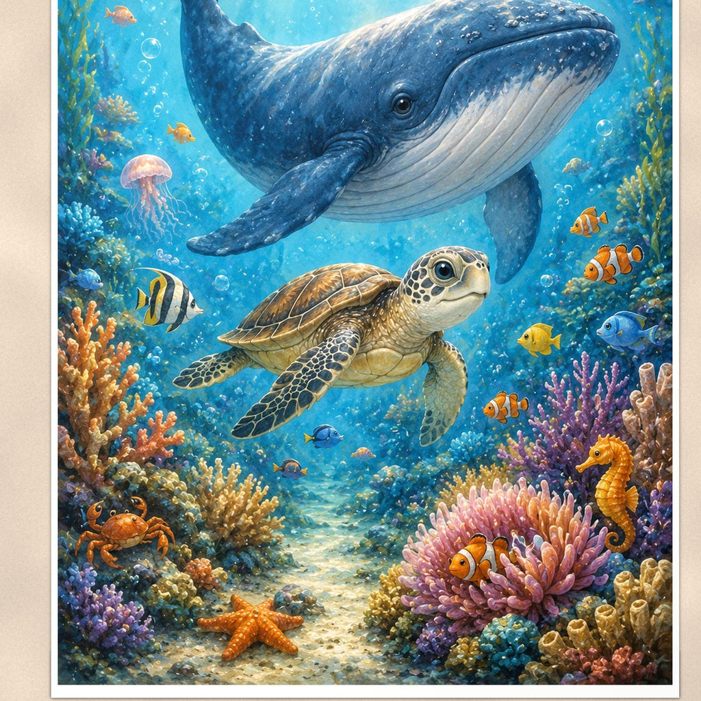 Humpback Whale and Sea Turtle — 24x36 in art print poster, premium luster paper with a white border; close-up framed on the main subject of the artwork, paper surface visible.