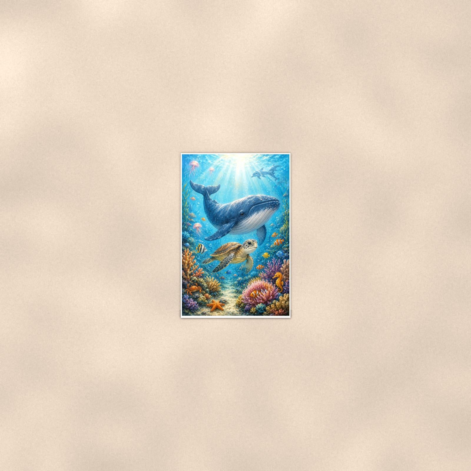 Humpback Whale and Sea Turtle — 24x36 in art print poster, premium luster paper with a white border; poster seen from further back, at true 24x36 in scale on a warm wall.