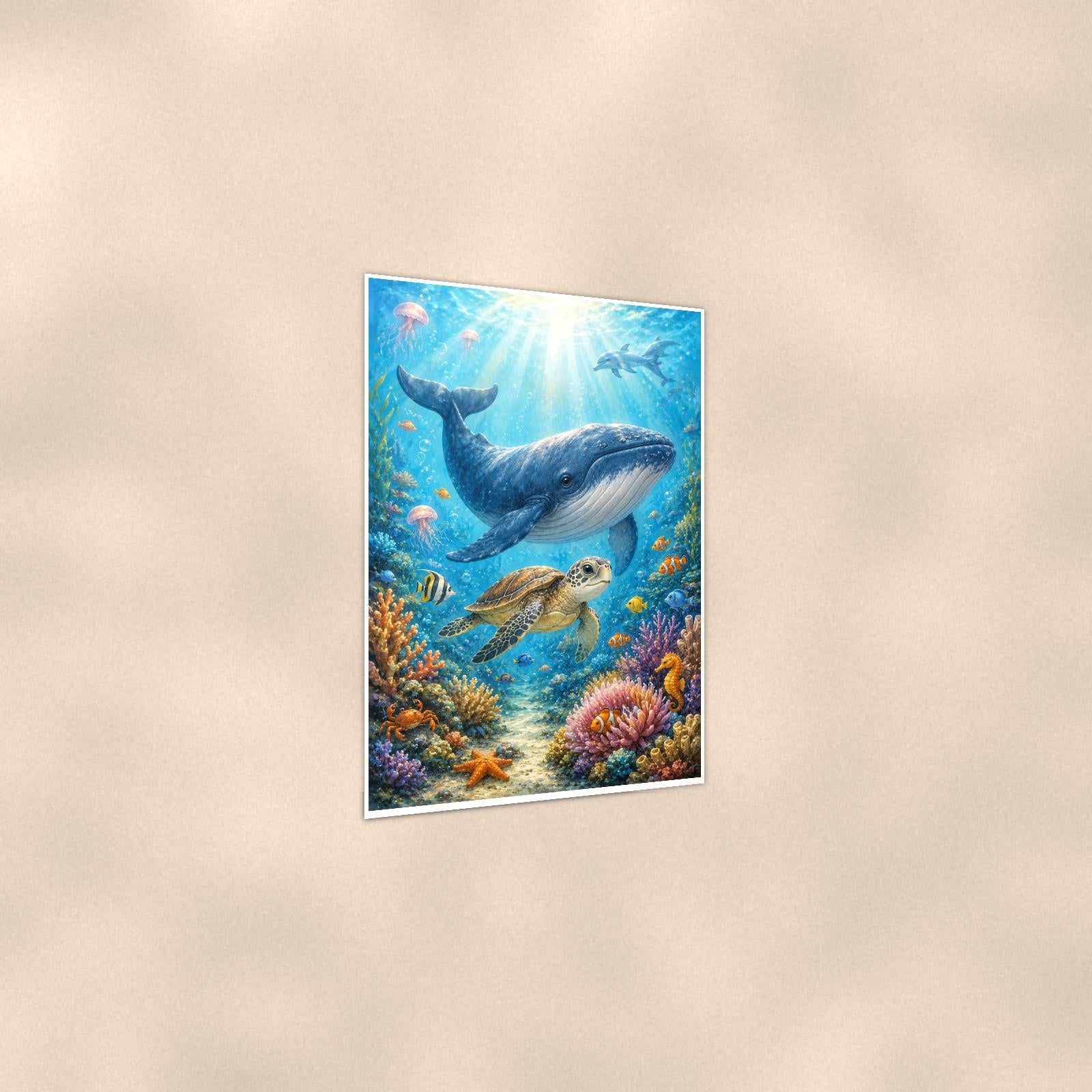 Humpback Whale and Sea Turtle — 24x36 in art print poster, premium luster paper with a white border; gentle three-quarter angle on a warm wall, showing the flat paper edge.