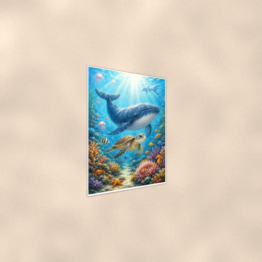 Humpback Whale and Sea Turtle — 24x36 in art print poster, premium luster paper with a white border; steeper three-quarter angle on a warm wall, catching the luster sheen.