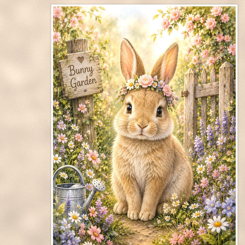Garden Bunny — 24x36 in art print poster, premium luster paper with a white border; close-up framed on the main subject of the artwork, paper surface visible.