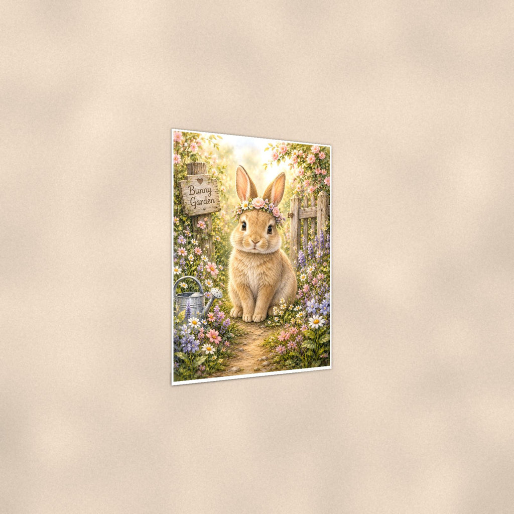 Garden Bunny — 24x36 in art print poster, premium luster paper with a white border; gentle three-quarter angle on a warm wall, showing the flat paper edge.