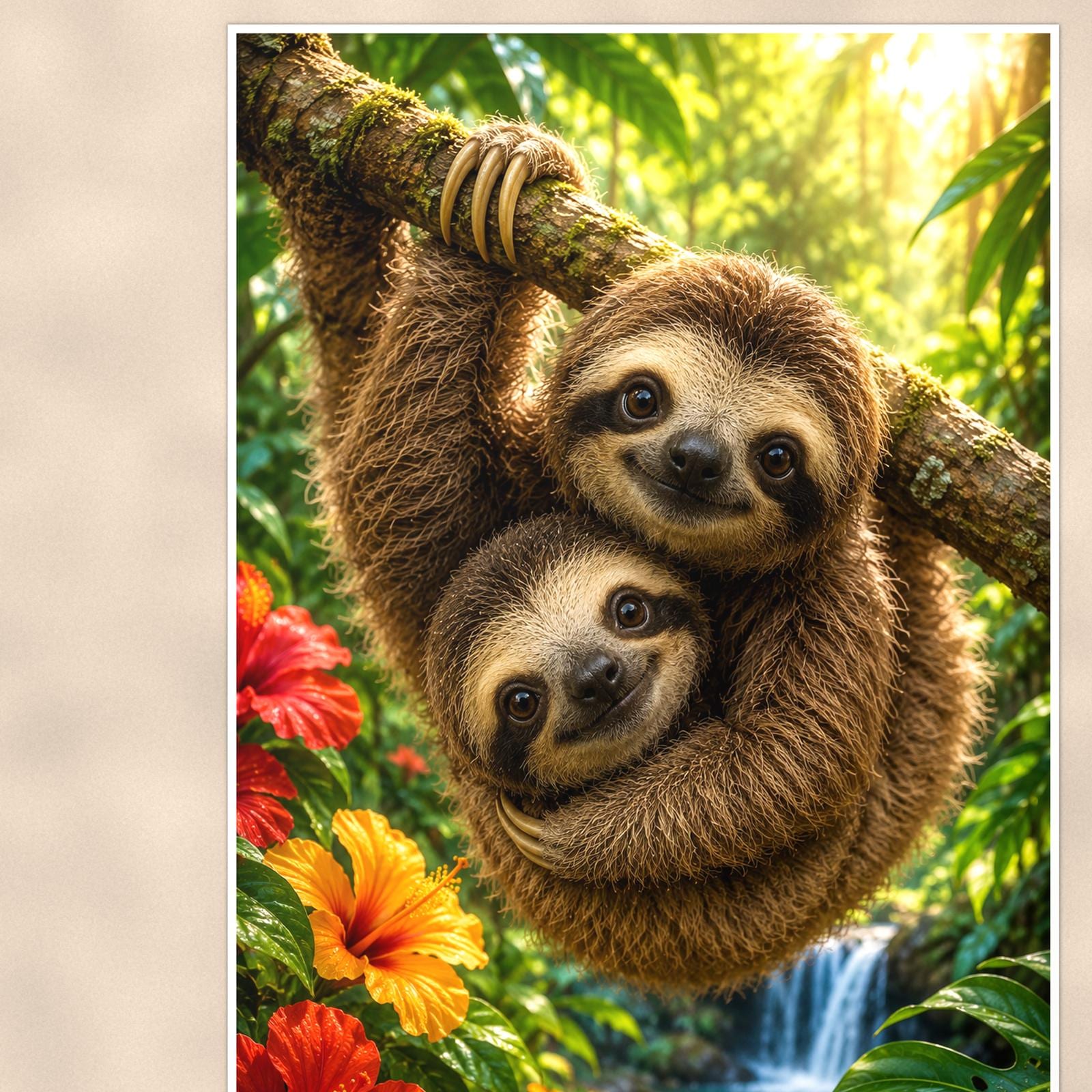 Sloth Pair — 24x36 in art print poster, premium luster paper with a white border; close-up framed on the main subject of the artwork, paper surface visible.