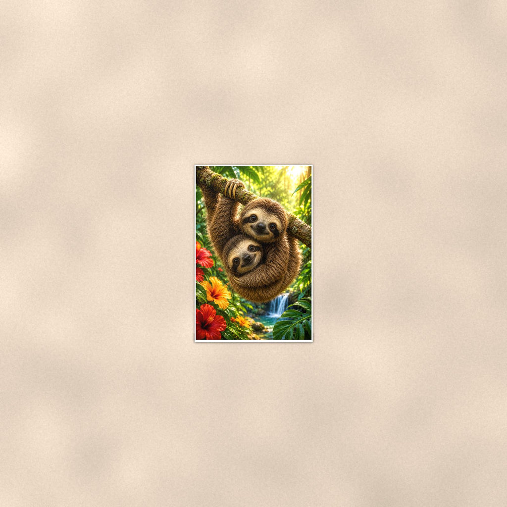 Sloth Pair — 24x36 in art print poster, premium luster paper with a white border; poster seen from further back, at true 24x36 in scale on a warm wall.