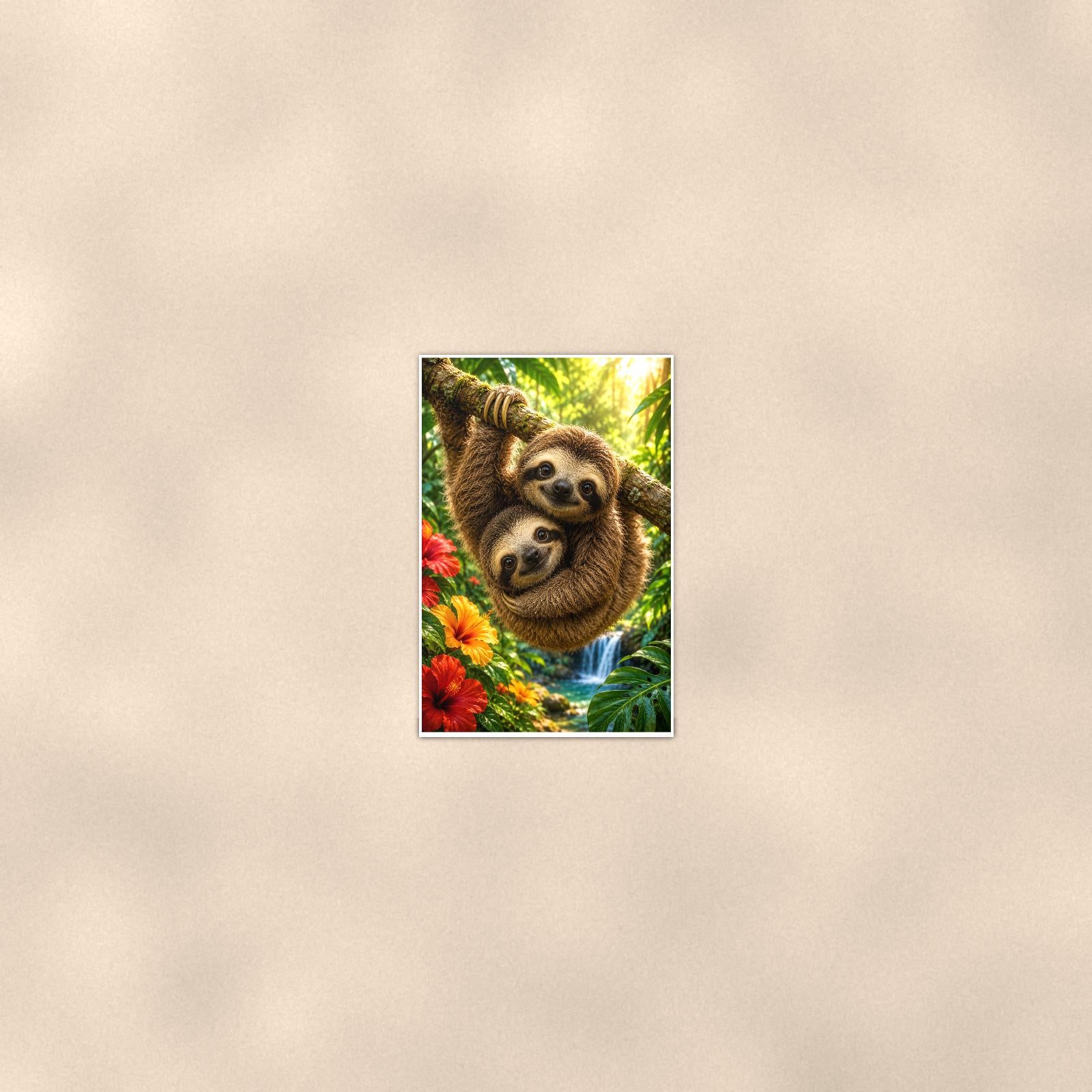 Sloth Pair — 24x36 in art print poster, premium luster paper with a white border; poster seen from further back, at true 24x36 in scale on a warm wall.