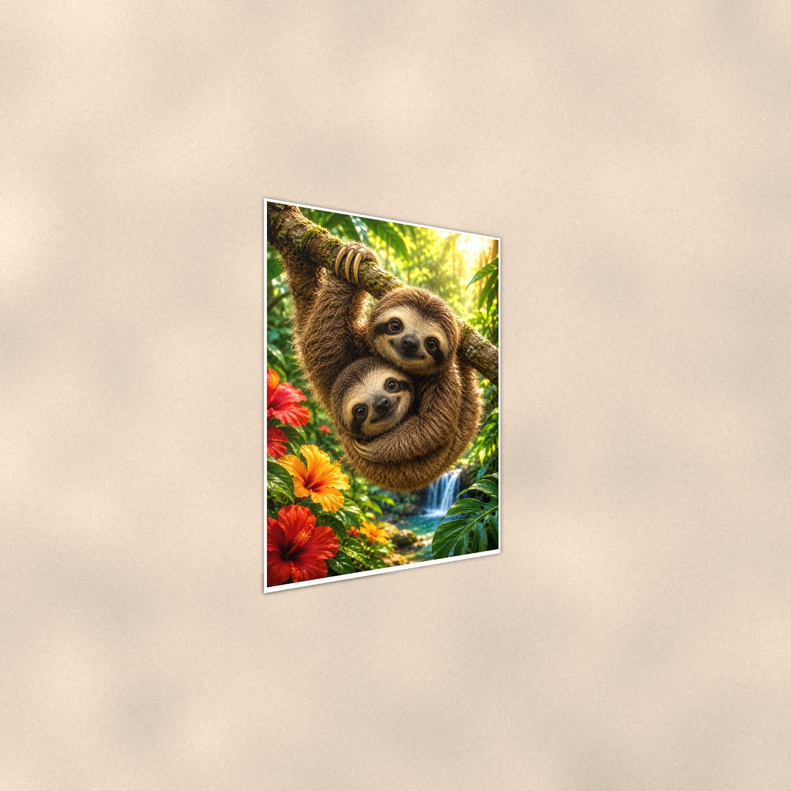 Sloth Pair — 24x36 in art print poster, premium luster paper with a white border; steeper three-quarter angle on a warm wall, catching the luster sheen.