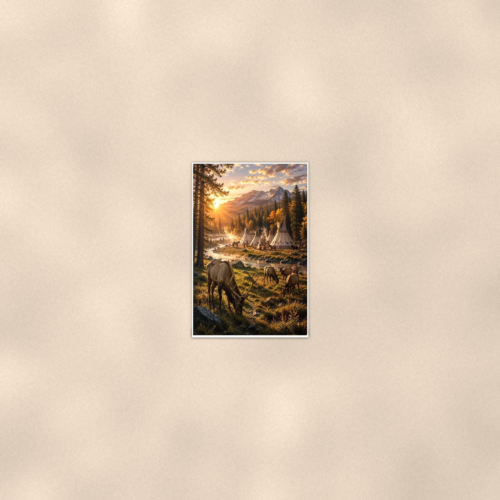 Wild Horses Mountain Camp — 24x36 in art print poster, premium luster paper with a white border; poster seen from further back, at true 24x36 in scale on a warm wall.