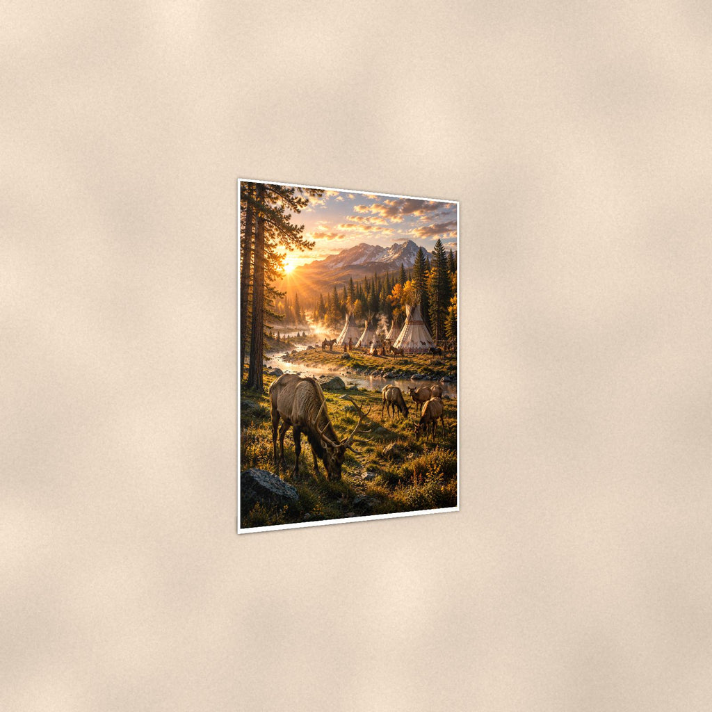 Wild Horses Mountain Camp — 24x36 in art print poster, premium luster paper with a white border; gentle three-quarter angle on a warm wall, showing the flat paper edge.