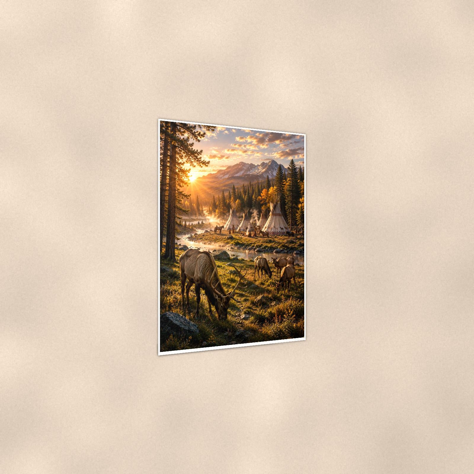 Wild Horses Mountain Camp — 24x36 in art print poster, premium luster paper with a white border; gentle three-quarter angle on a warm wall, showing the flat paper edge.