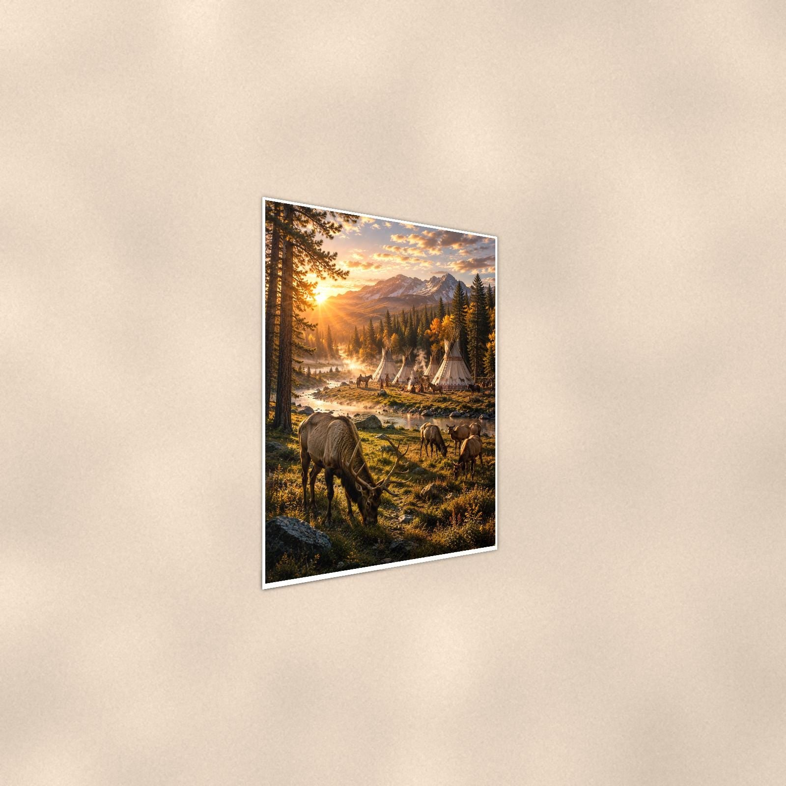 Wild Horses Mountain Camp — 24x36 in art print poster, premium luster paper with a white border; steeper three-quarter angle on a warm wall, catching the luster sheen.