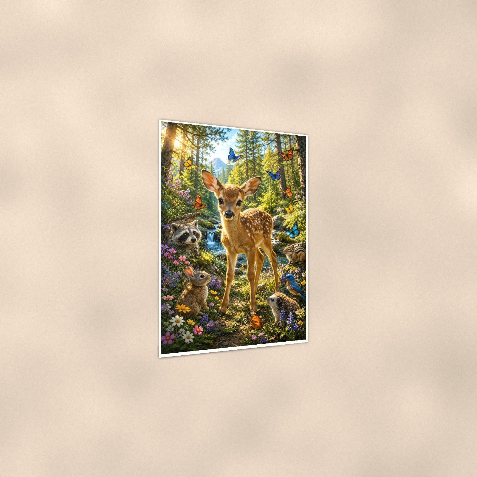 Meadow Doe and Fawns — 24x36 in art print poster, premium luster paper with a white border; gentle three-quarter angle on a warm wall, showing the flat paper edge.