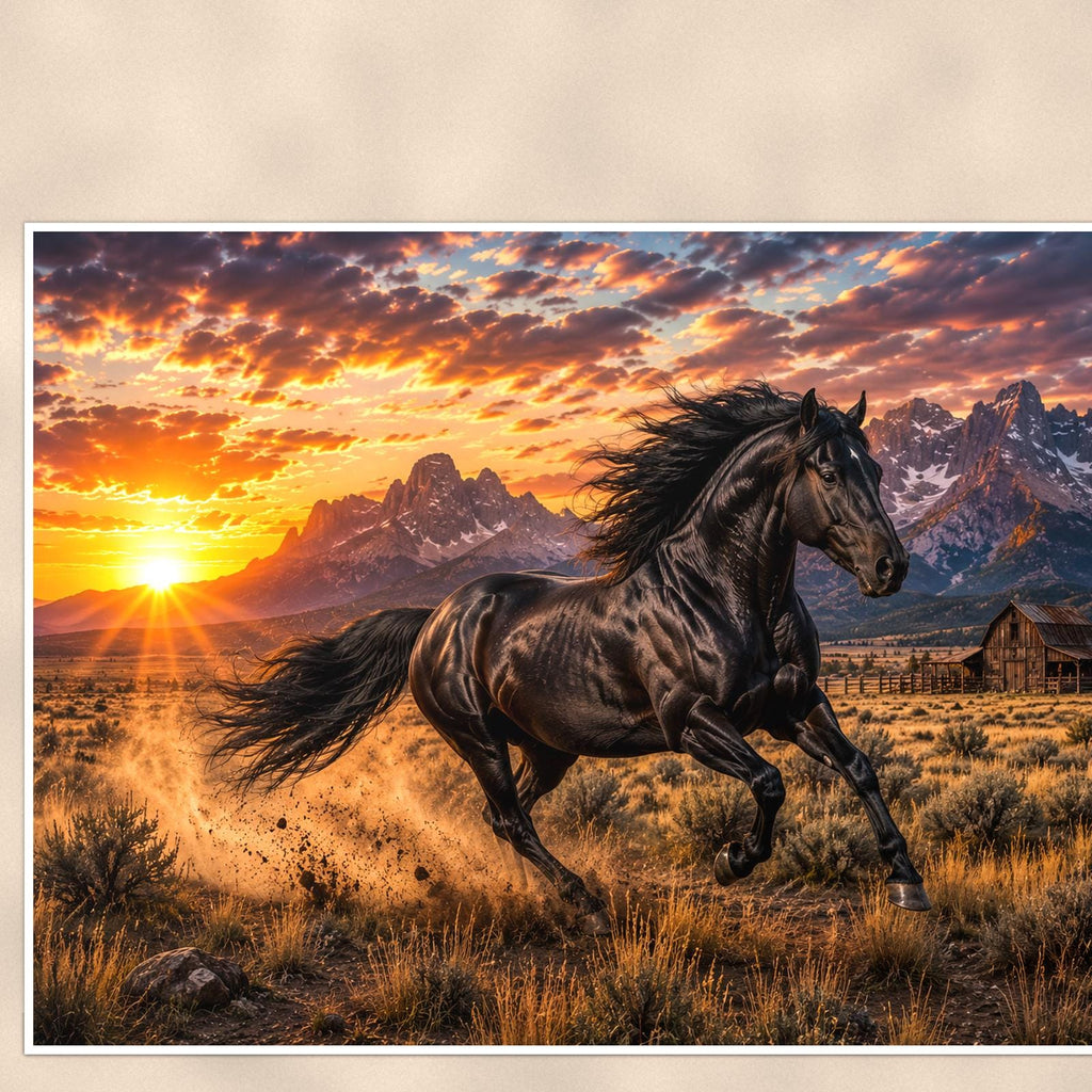 Black Stallion Sunset — 36x24 in art print poster, premium luster paper with a white border; close-up framed on the main subject of the artwork, paper surface visible.