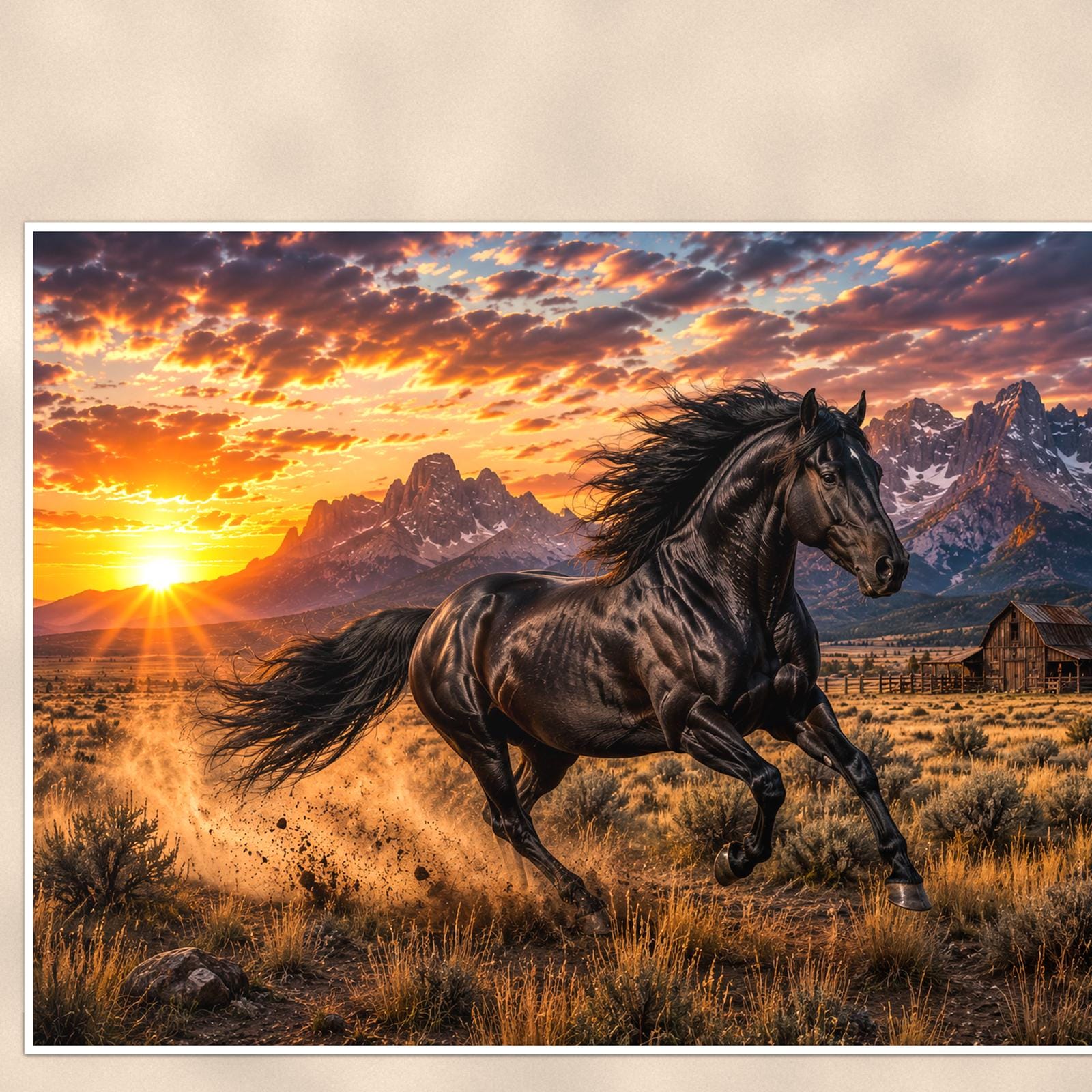 Black Stallion Sunset — 36x24 in art print poster, premium luster paper with a white border; close-up framed on the main subject of the artwork, paper surface visible.