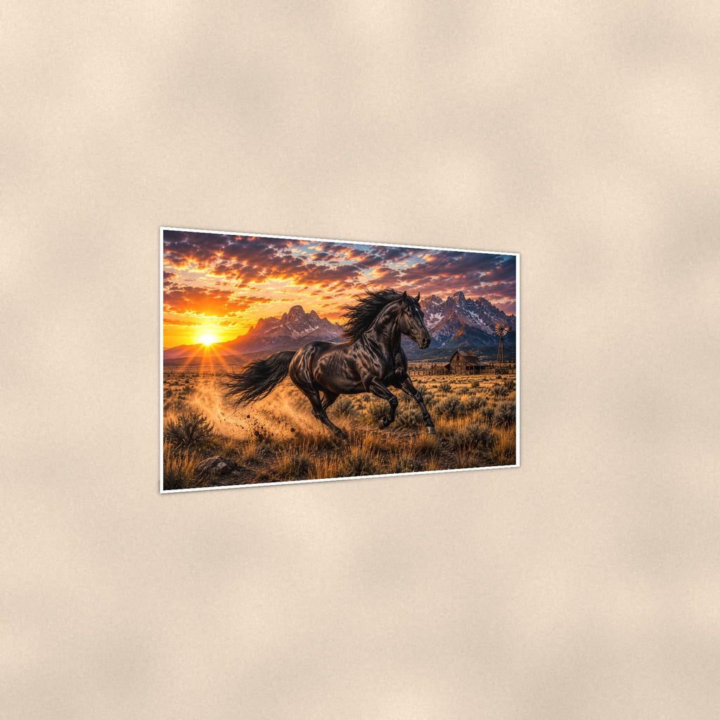 Black Stallion Sunset — 36x24 in art print poster, premium luster paper with a white border; gentle three-quarter angle on a warm wall, showing the flat paper edge.
