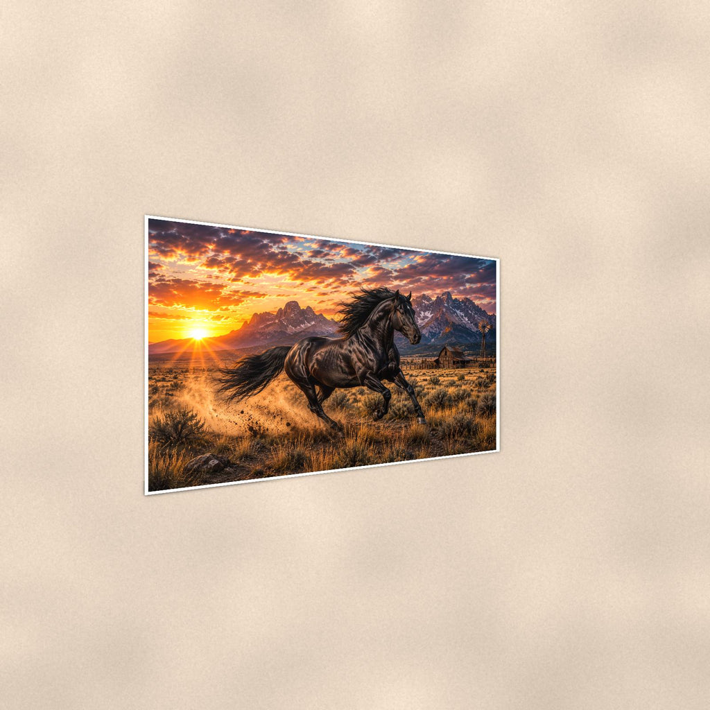 Black Stallion Sunset — 36x24 in art print poster, premium luster paper with a white border; steeper three-quarter angle on a warm wall, catching the luster sheen.