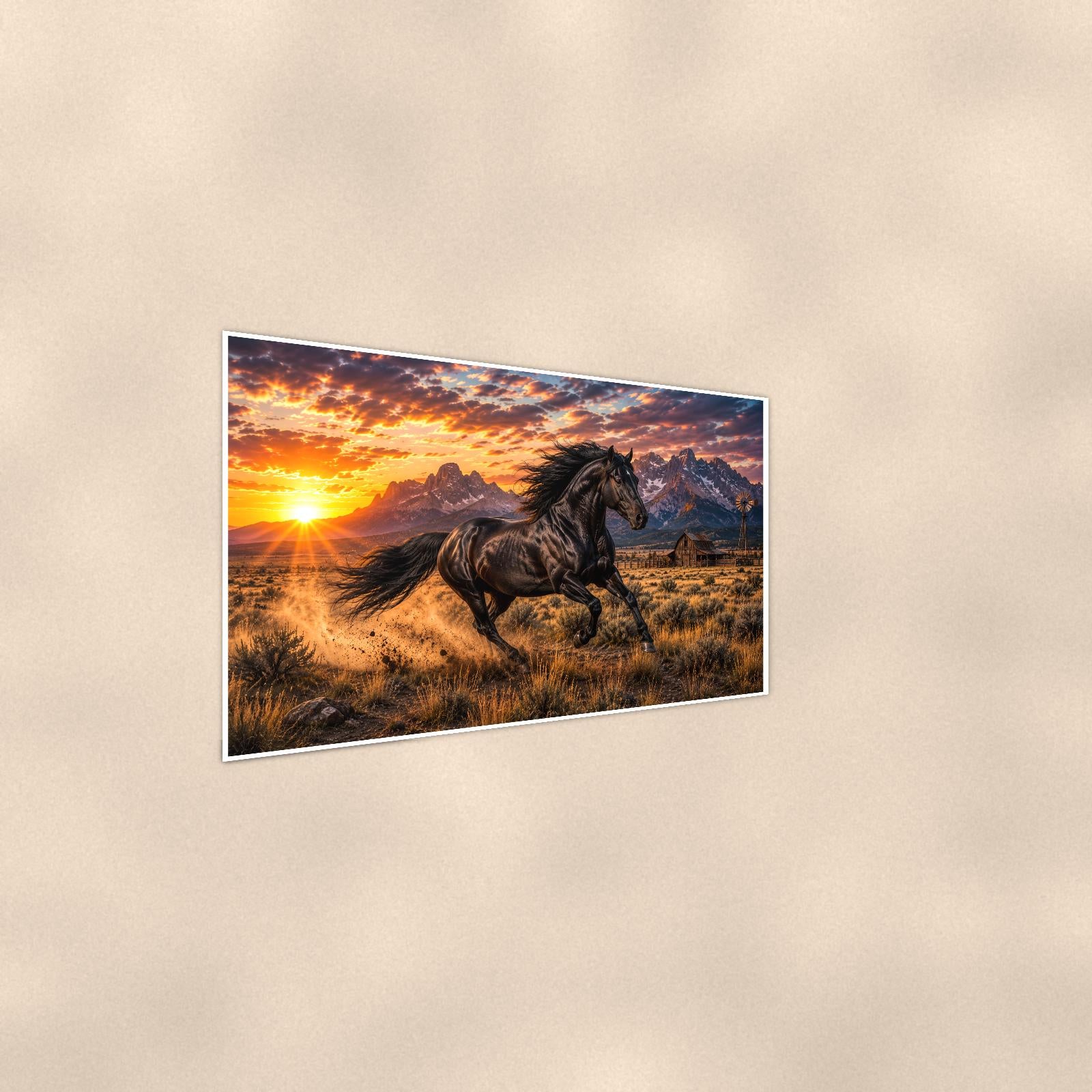 Black Stallion Sunset — 36x24 in art print poster, premium luster paper with a white border; steeper three-quarter angle on a warm wall, catching the luster sheen.