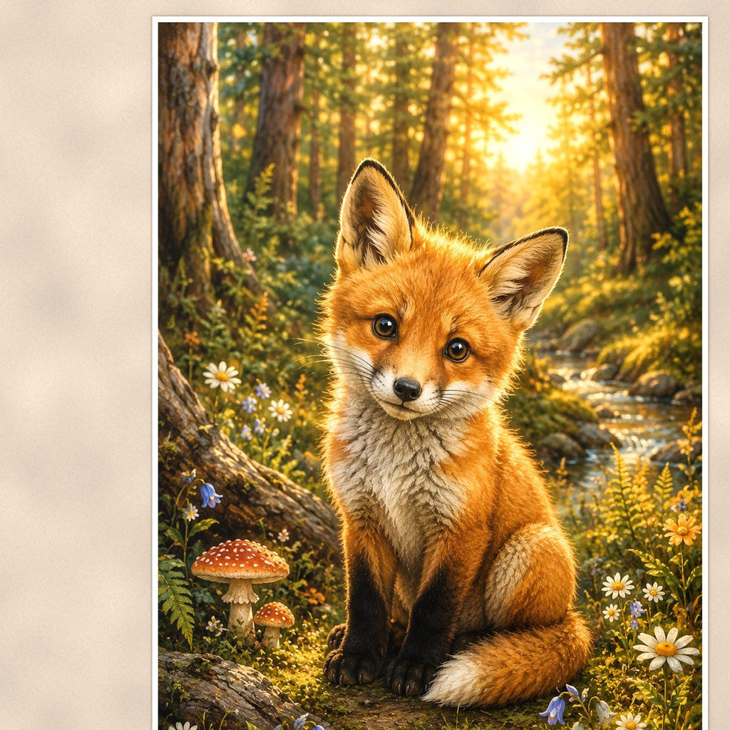 Forest Fox Kit — 24x36 in art print poster, premium luster paper with a white border; close-up framed on the main subject of the artwork, paper surface visible.