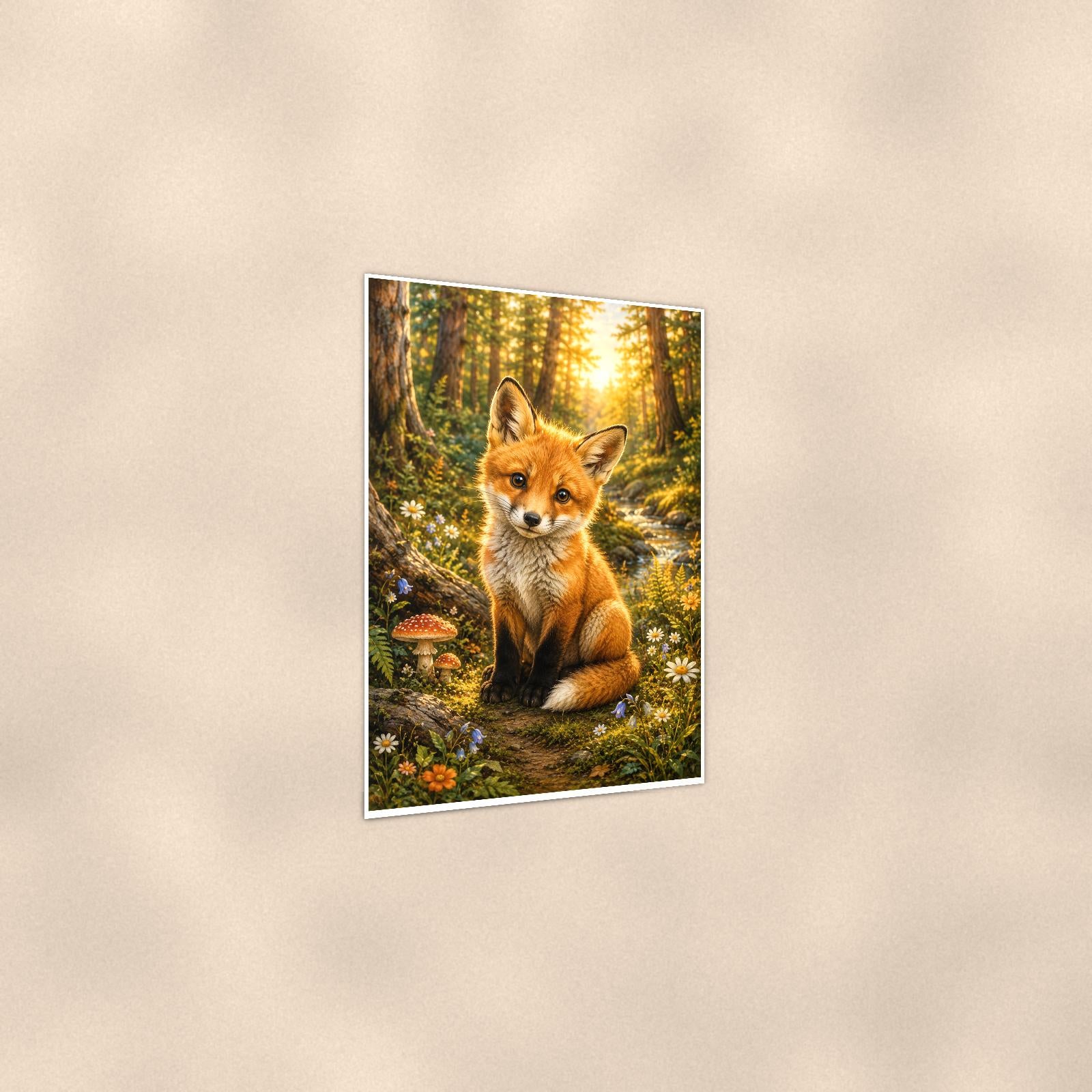 Forest Fox Kit — 24x36 in art print poster, premium luster paper with a white border; gentle three-quarter angle on a warm wall, showing the flat paper edge.