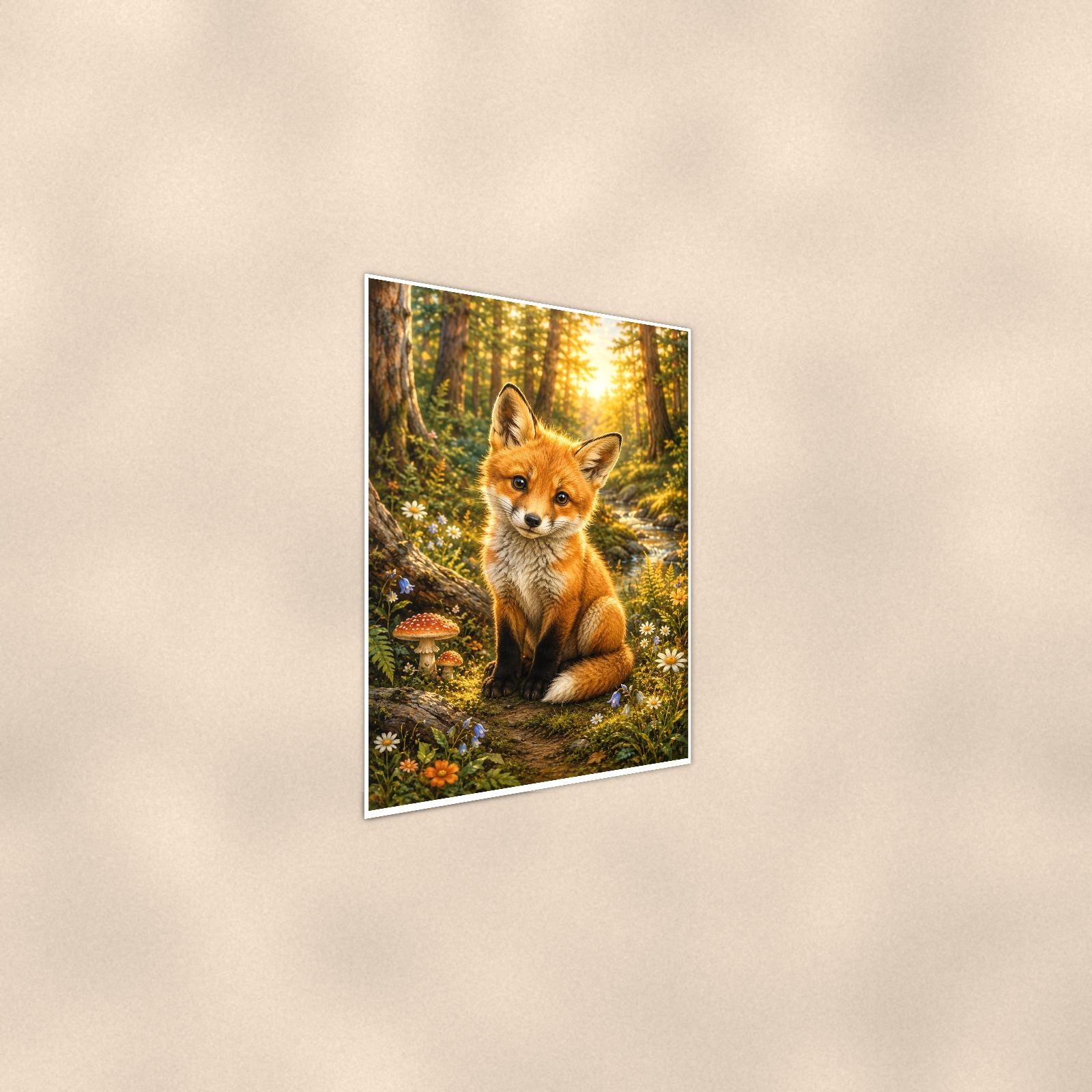 Forest Fox Kit — 24x36 in art print poster, premium luster paper with a white border; steeper three-quarter angle on a warm wall, catching the luster sheen.