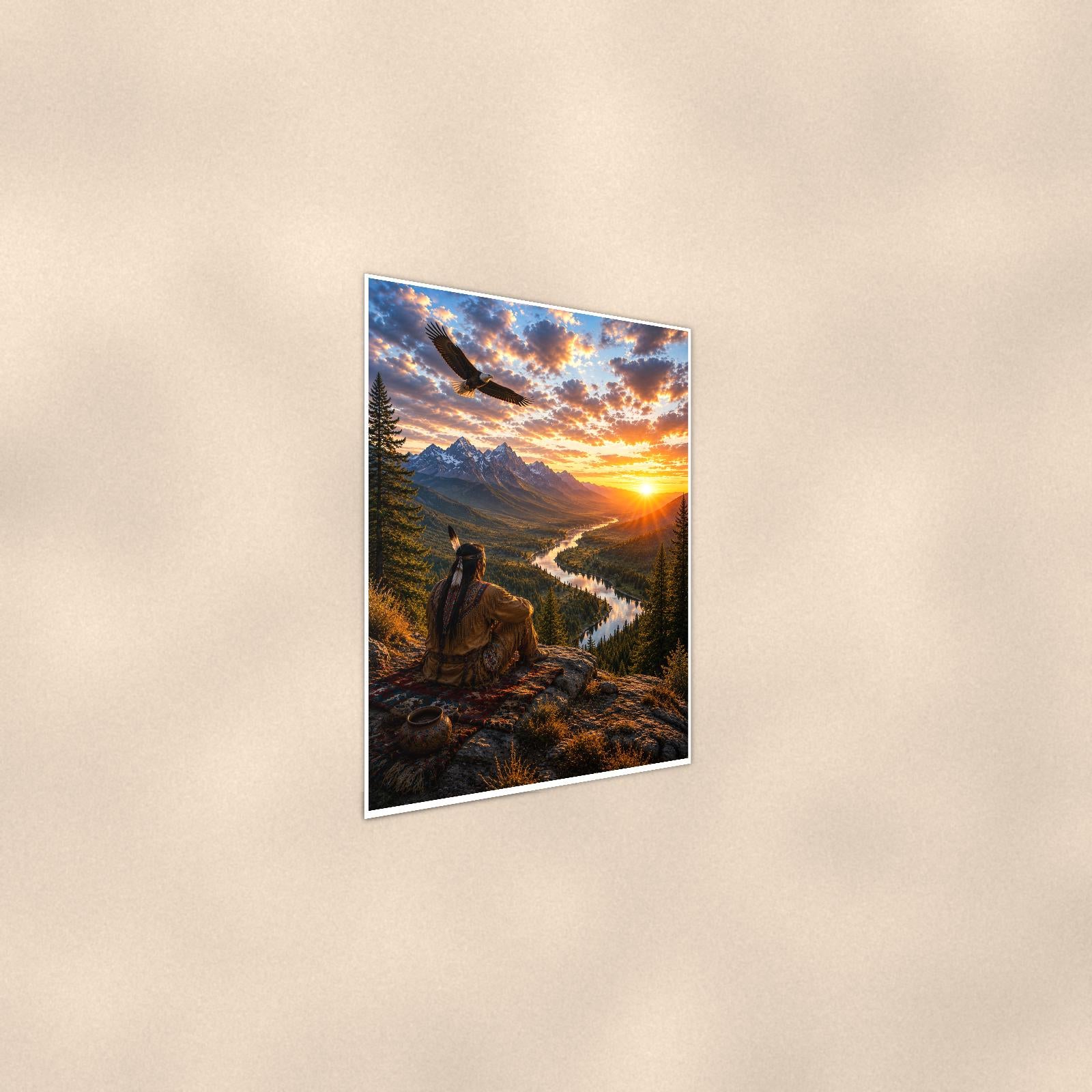 Eagle Canyon Sunrise — 24x36 in art print poster, premium luster paper with a white border; steeper three-quarter angle on a warm wall, catching the luster sheen.