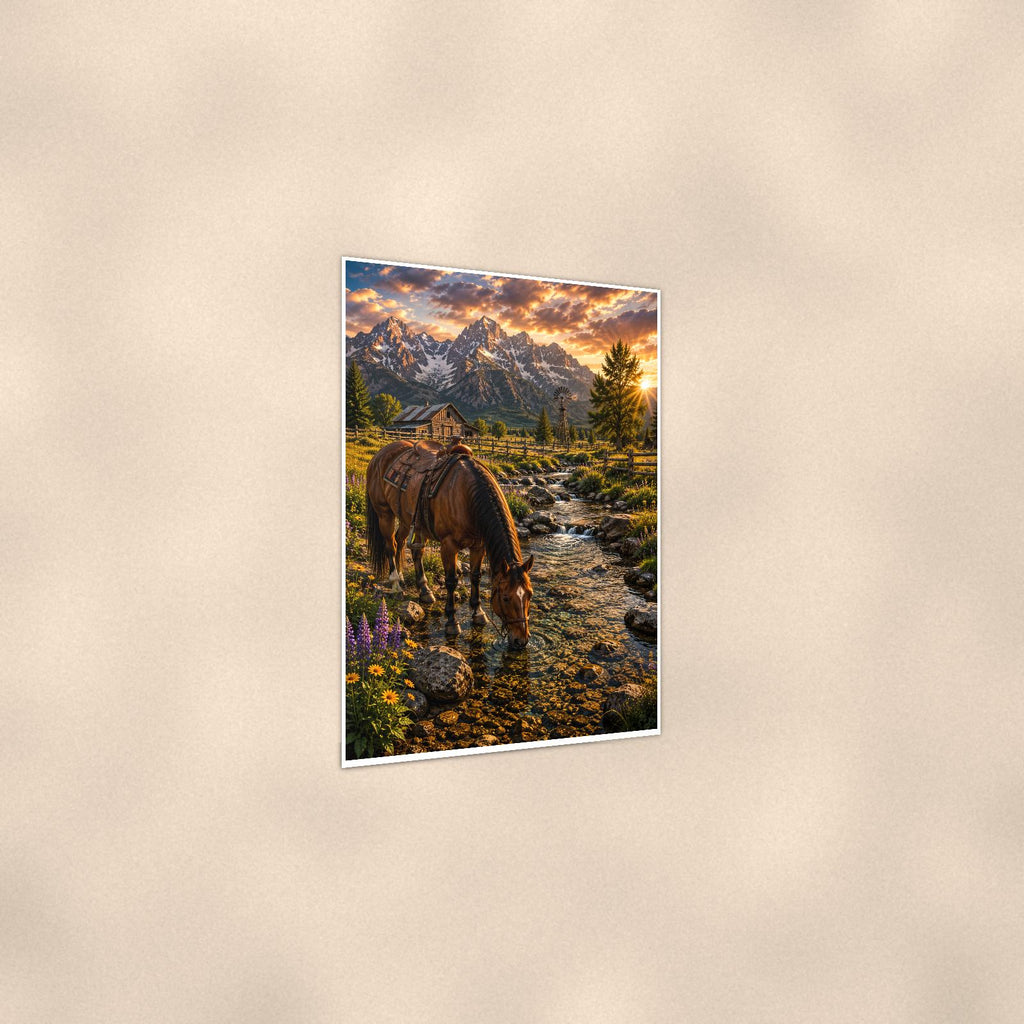 Saddle Horse Creek — 24x36 in art print poster, premium luster paper with a white border; gentle three-quarter angle on a warm wall, showing the flat paper edge.