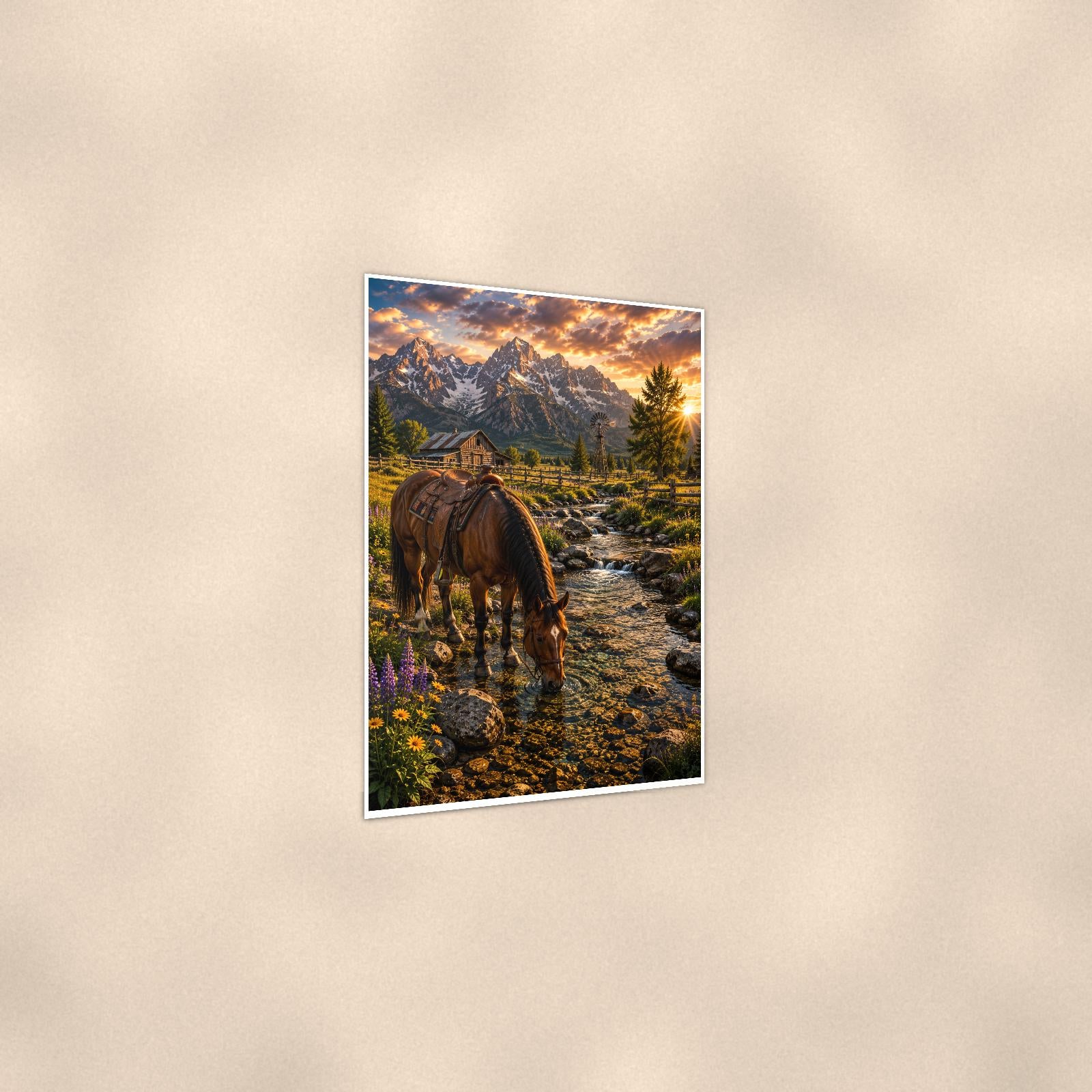 Saddle Horse Creek — 24x36 in art print poster, premium luster paper with a white border; gentle three-quarter angle on a warm wall, showing the flat paper edge.