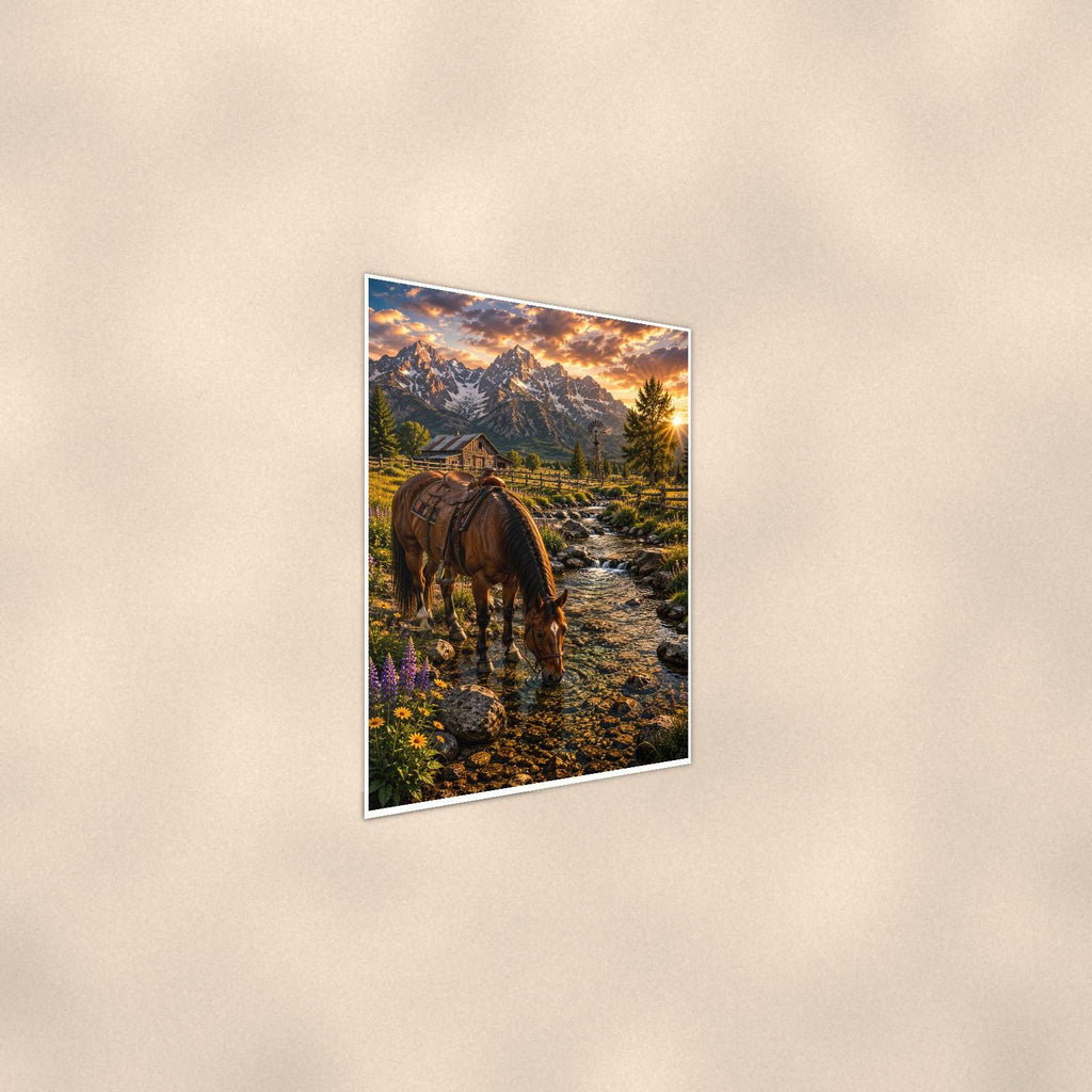 Saddle Horse Creek — 24x36 in art print poster, premium luster paper with a white border; steeper three-quarter angle on a warm wall, catching the luster sheen.